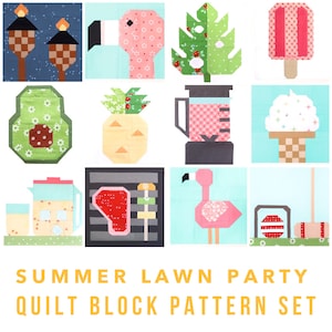 Set of 12 Summer Lawn Party Quilt Block Patterns: Flamingos, Food, Lemonade, Ice Cream, Games 6 inch and 12 inch blocks 25% Savings