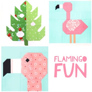 Set of 3 Flamingo Fun Tropical Quilt Block Patterns: Flamingo, Standing Flamingo, Monstera Leaf 6" and 12" blocks 15% Savings