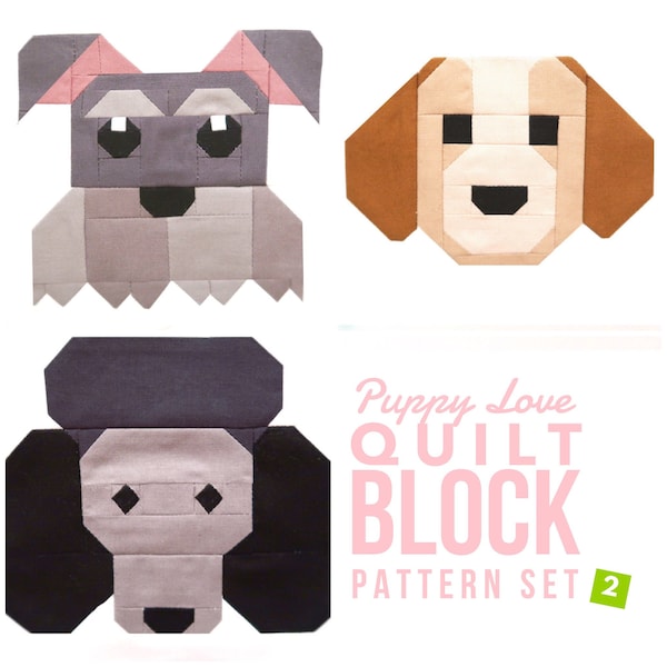 Juego de 3 patrones de bloques de colcha para cachorros de perro: Schnauzer, Beagle, Poodle Instrucciones para bloques de 6" y 12" Ahorro del 15%