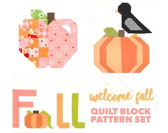 Set of 3 Welcome Fall Quilt Block Patterns: Fall word, Apple, and Black Bird  - Instructions for 6", 12", 18" and 24" blocks 15% Savings