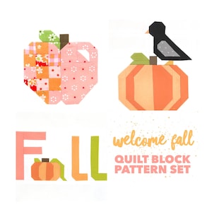 Set of 3 Welcome Fall Quilt Block Patterns: Fall word, Apple, and Black Bird  - Instructions for 6", 12", 18" and 24" blocks 15% Savings