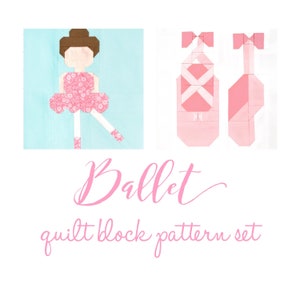 Puede incluir: Un conjunto de patrones de bloques de colcha para una bailarina y zapatillas de ballet. El patrón incluye una bailarina rosa con un vestido floral y un par de zapatillas de ballet rosas. El texto "Ballet quilt block pattern set" está escrito en rosa debajo del patrón.