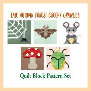 May include: A set of five quilt block patterns featuring creepy crawlies in a late autumn forest theme. The patterns include a spider web, a bat, a mouse, a mushroom, and a beetle.