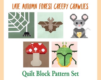 Set of 5 Creepy Crawlies Quilt Block Patterns: Mouse, Mushroom, Spider Web, Bat, Beetle - Makes 6", 9", 12", 18", 24" blocks - 15% Savings