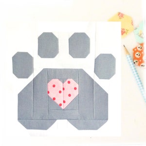 Love and Pawprints Dog / Cat Pet Paw with Heart Animal PDF Quilt Block Pattern - Includes instructions for 6inch and 12 inch Finished Blocks