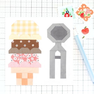 Triple Scoop Ice Cream Cone Sommer Quilt Block PDF Muster-Enthält Anweisungen für 15 Zoll, 12 Zoll, 18 Zoll, 24 Zoll Fertige Blöcke