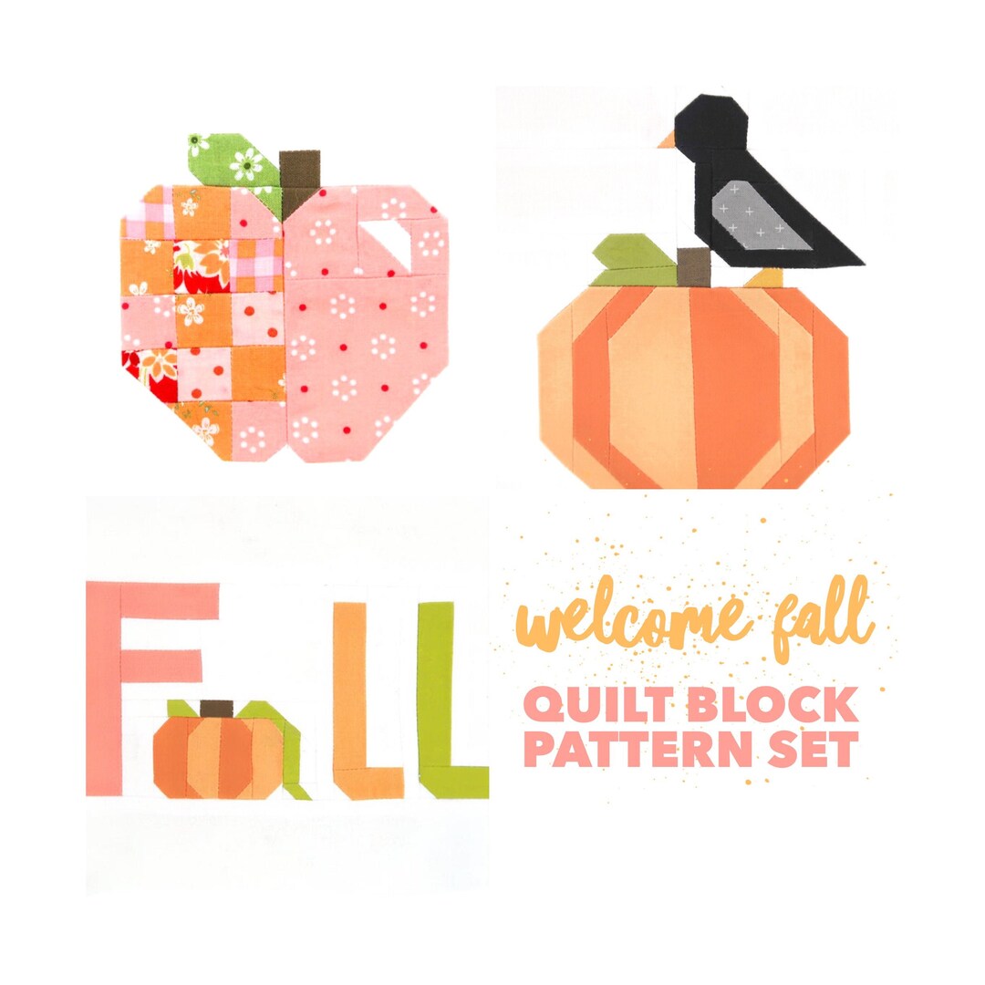 Set of 3 Welcome Fall Quilt Block Patterns: Fall Word, Apple, and Black ...