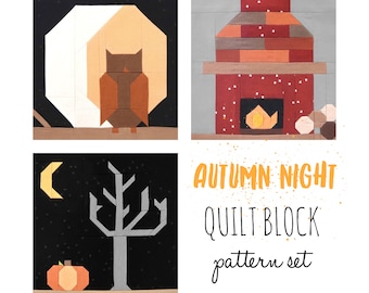Set of 3 Autumn Night Quilt Block Patterns:Spooky Tree, Night Owl, Cozy Fireplace - Instructions for 6", 12", 18" and 24" blocks 15% Savings