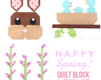 Set of 3 Happy Spring Easter Quilt Block Patterns: Baby Birds, Bunny, and Lavender Instructions for 6" and 12" blocks 15% Savings