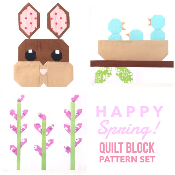 Set of 3 Happy Spring Easter Quilt Block Patterns: Baby Birds, Bunny, and Lavender Instructions for 6" and 12" blocks 15% Savings
