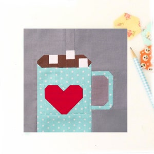 Hot Chocolate Cocoa Mug with Marshmallows Quilt Block Pattern PDF - Includes instructions for 6 inch and 12 inch Finished Blocks Winter