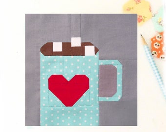 Hot Chocolate Cocoa Mug with Marshmallows Quilt Block Pattern PDF - Includes instructions for 6 inch and 12 inch Finished Blocks Winter