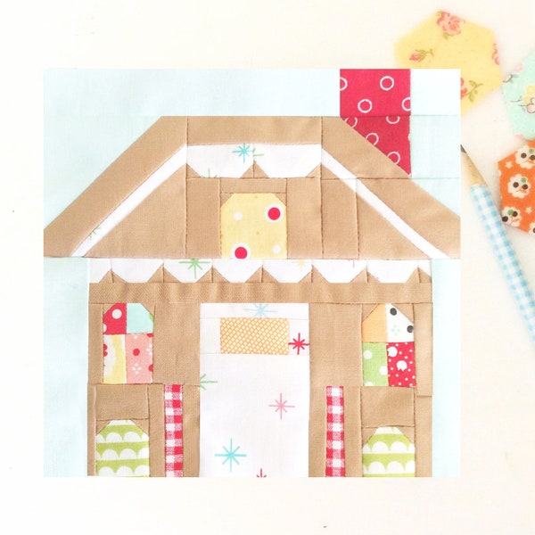 Gingerbread House Quilt Block Pattern with Instructions for 6 inch and 12 inch blocks