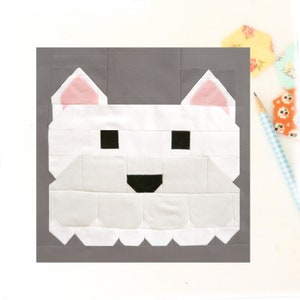 West Highland Terrier Westie Dog Puppy Quilt Block PDF pattern - Includes instructions for 6 inch and 12 inch Finished Blocks