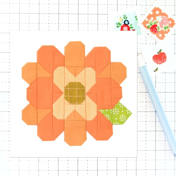 Zinnia Flower Spring Summer Quilt Block PDF pattern- Instructions for 6 inch, 9 inch, 12 inch, 18 inch, 24 inch Finished Blocks