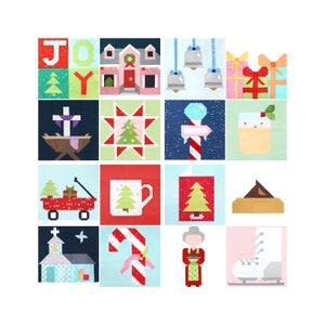 Juego de 16 patrones de bloques de colchas: Joy House Cross Star Bells Regalos Polo Norte Ponche de huevo Taza de carro Tarjeta de dulces de la iglesia Galleta Abuela - Ahorro del 25 %