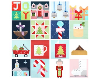 Set of 16 Quilt Block Patterns: Joy House Cross Star Bells Gifts North Pole Eggnog Wagon Mug Church Candy Card Cookie Grandma - 25% Savings