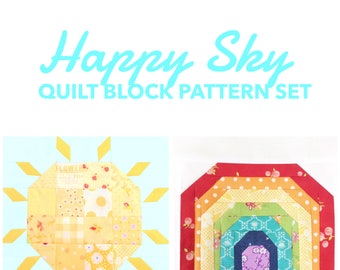 Set of 2 Happy Sky Quilt Block Patterns: Scrappy Patchwork Sun and Promise Rainbow Instructions for 6 inch and 12 inch blocks 15% Savings