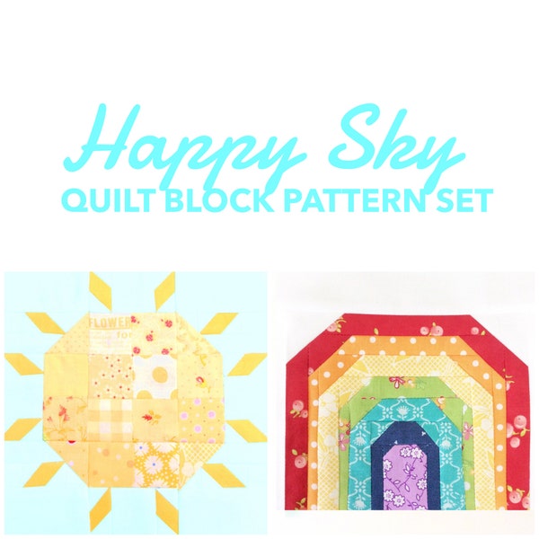 Set of 2 Happy Sky Quilt Block Patterns: Scrappy Patchwork Sun and Promise Rainbow Instructions for 6 inch and 12 inch blocks 15% Savings