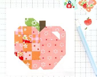 Patrón PDF para bloque de colcha Pink Lady Patchwork Apple Fall Autumn Harvest: instrucciones para bloques terminados de 6, 12, 18 y 24 pulgadas.