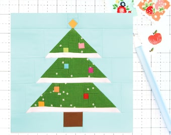 Modello PDF del blocco trapunta per albero di Natale decorato - Include istruzioni per blocchi finiti da 6 pollici, 12 pollici, 18 pollici e 24 pollici