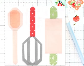 Baking Utensils Baker Kitchen Quilt Block PDF pattern - Includes instructions for 6 inch, 12 inch, 18 inch and 24 inch Finished Blocks