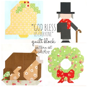 Set of 4 Christmas Quilt Block Patterns: Scrooge, Bell, Wreath and Roast Turkey Instructions for 6&quot; and 12&quot; blocks 15% Savings