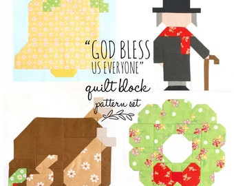 Set of 4 Christmas Quilt Block Patterns: Scrooge, Bell, Wreath and Roast Turkey Instructions for 6" and 12" blocks 15% Savings