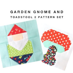 May include: A pattern set for a garden gnome and toadstool. The gnome is wearing a red hat, white beard, green shirt, and blue pants. The toadstool is red with white polka dots and a green top. The pattern set is on a white background.