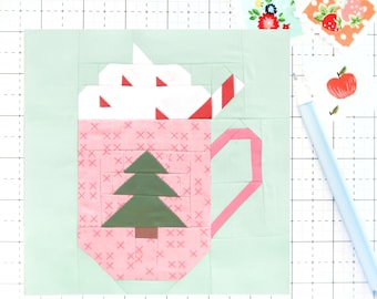 Christmas Winter Cocoa Mug Quilt Block PDF pattern-Includes instructions for 6 inch, 12 inch, 18 inch, 24 inch Finished Blocks