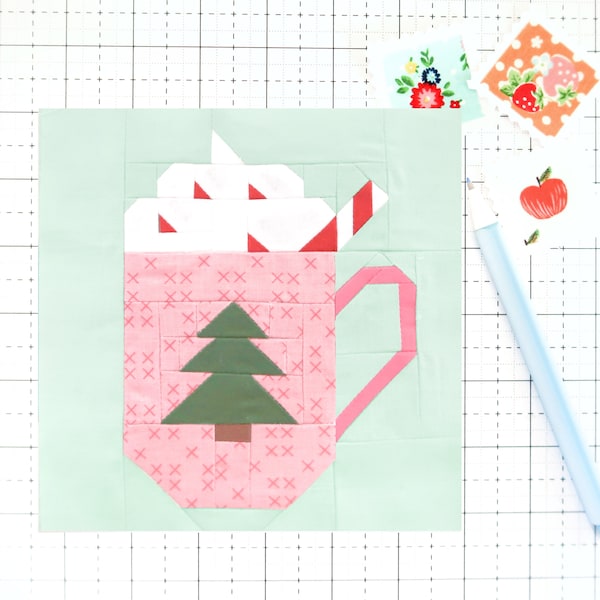 Christmas Winter Cocoa Mug Quilt Block PDF pattern-Includes instructions for 6 inch, 12 inch, 18 inch, 24 inch Finished Blocks
