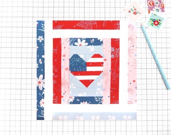 USA Log Cabin Flag Heart Quilt Block Pattern PDF - Instructions for 6 inch, 9 inch, 12 inch, 18 inch, 24 inch Blocks Traditional Piecing
