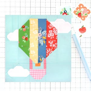 Mönster för quiltblock med varmluftsballong, himmel och moln i PDF-format - Instruktioner för färdiga block på 15 cm, 23 cm, 30 cm, 40 cm, 60 cm