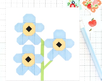 Forget Me Nots Flower Spring Quilt Block PDF pattern- Instructions for 6 inch, 9 inch, 12 inch, 18 inch, 24 inch Finished Blocks