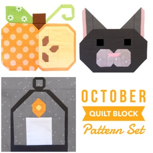 May include: A set of three quilt block patterns for October, featuring a pumpkin, a black cat, and a lantern. The patterns are in a patchwork style with various colors and textures.