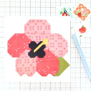 Hibiscus Tropical Summer Flower Quilt Block PDF pattern - Instructions for 6 inch, 9 inch, 12 inch, 18 inch and 24 inch Finished Blocks