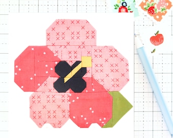 Hibiscus Tropical Summer Flower Quilt Block PDF pattern - Instructions for 6 inch, 9 inch, 12 inch, 18 inch and 24 inch Finished Blocks