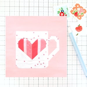 Valentine Heart Mug Quilt Block PDF pattern - Includes instructions for 6 inch, 12 inch, 18 inch and 24 inch Finished Blocks