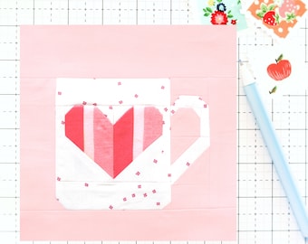 Valentine Heart Mug Quilt Block PDF-patroon - Inclusief instructies voor 6 inch, 12 inch, 18 inch en 24 inch afgewerkte blokken