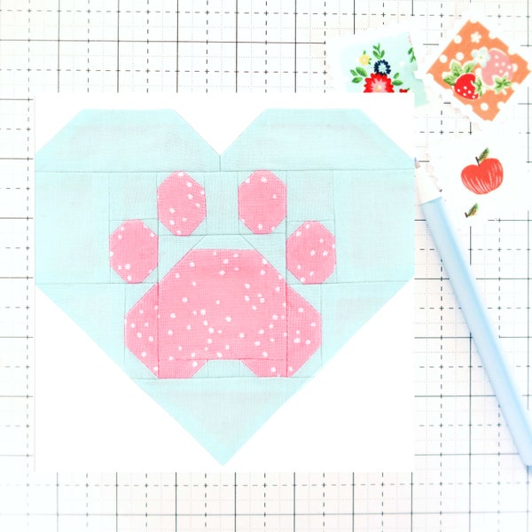 Love and Paw-prints II - Dog / Cat Quilt Block PDF pattern - Includes instructions for 6 inch, 12 inch, 18 inch and 24 inch Finished Blocks