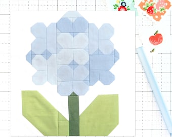 Hortensia Quilt Block Patroon Lente Zomer Tuin Bloem PDF - Instructies voor 6 inch, 9 inch, 12 inch, 18 inch, 24 inch Afgewerkte blokken