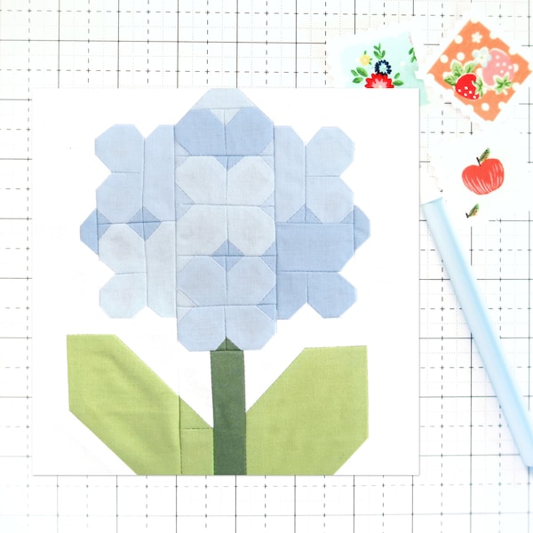 Hydrangea Quilt Block Pattern Spring Summer Garden Flower PDF - Instructions for 6 inch, 9 inch, 12 inch, 18 inch, 24 inch Finished Blocks