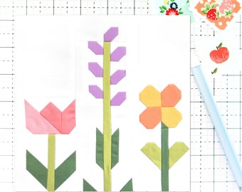 Wildflowers Spring Summer Garden Flowers Quilt Block PDF pattern-Includes instructions for 6 inch, 12 inch, 18 inch, 24 inch Finished Blocks