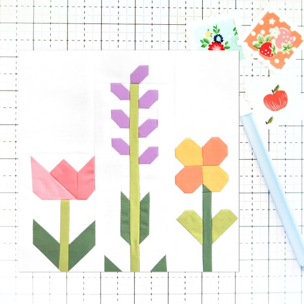 Wildflowers Spring Summer Garden Flowers Quilt Block PDF pattern-Includes instructions for 6 inch, 12 inch, 18 inch, 24 inch Finished Blocks