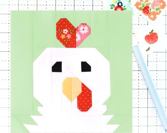 Chicken Quilt Block Pattern Farm Animal Face PDF - Instructions for 6 inch, 9 inch, 12 inch, 18 inch, 24 inch Blocks - Traditional Piecing
