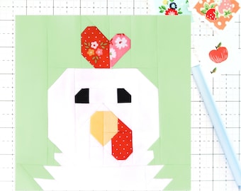 Chicken Quilt Block Pattern Farm Animal Face PDF - Instructions for 6 inch, 9 inch, 12 inch, 18 inch, 24 inch Blocks - Traditional Piecing