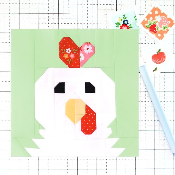 Chicken Quilt Block Pattern Farm Animal Face PDF - Instructions for 6 inch, 9 inch, 12 inch, 18 inch, 24 inch Blocks - Traditional Piecing