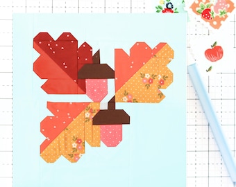 Oak Leaf and Acorn Cluster Quilt Block Pattern Fall Autumn PDF - Makes 6 inch, 9 inch, 12 inch, 18 inch, 24 inch Blocks- Traditional Piecing