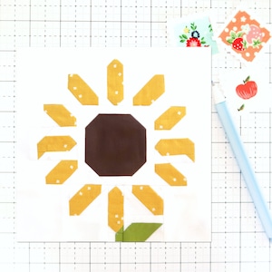 Sunflower Fall Autumn Summer Flower Quilt Block PDF pattern - Instructions for 6 inch, 9 inch, 12 inch, 18 inch and 24 inch Finished Blocks