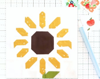 Sunflower Fall Autumn Summer Flower Quilt Block PDF pattern - Includes instructions for 6 inch, 12 inch, 18 inch and 24 inch Finished Blocks